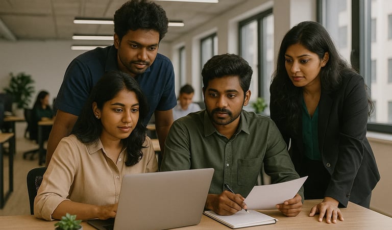 Team of young Indian professionals collaborating around a laptop in a modern office