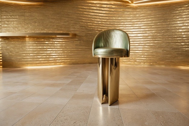 bespoke chair Celestia Throne chair design in metallic tones, blending art and architecture