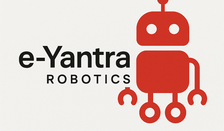 Logo of e-Yantra Robotics showing a simple red robot icon with circular eyes, claw-like hands, and w