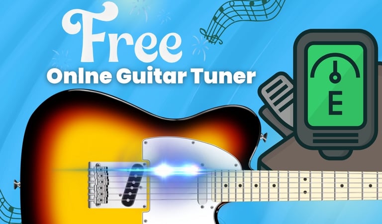 Graphic for a free online guitar tuner featuring an electric guitar and digital tuning display.