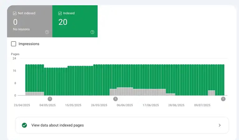 Google Search Console report showing 20 indexed pages and 0 not indexed