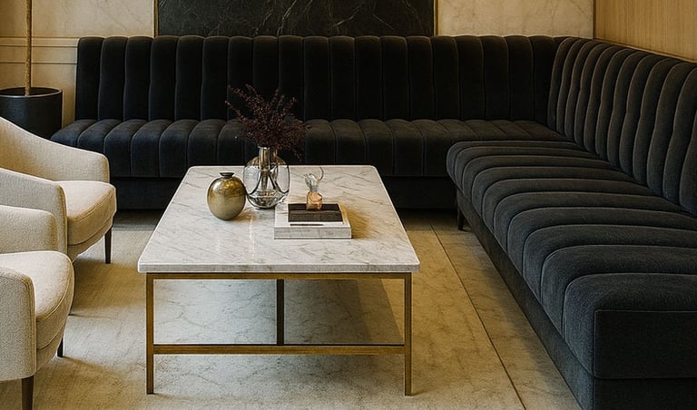 Luxurious black velvet L-shaped banquette with tufted back, crafted by Solo Home Décor for a refined lounge setting.