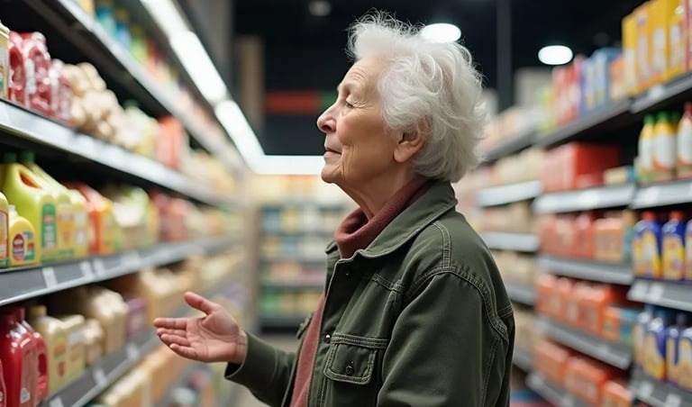 ältere Frau steht vor Lebensmittelregalen und weiss nicht recht was sie wollte