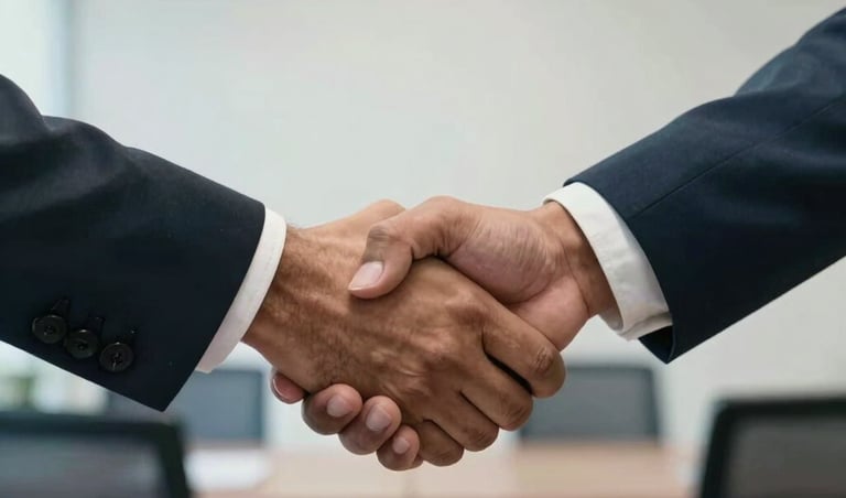 A professional handshake between two people in a corporate office in a South Asian / Indian city. The focus is on the hands, with a soft background showing white walls and muted blue corporate furniture.