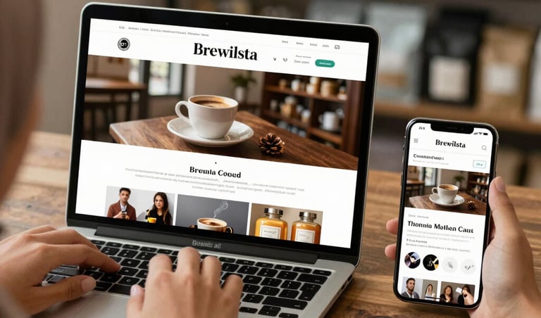 A sleek, minimalist workspace with a laptop showing a professional website for a local Malaysian business. Beside the laptop is a cup of coffee and a small plant. The lighting is bright and airy, featuring the brand's sophisticated #1C2D2F and #F0F5ED tones.