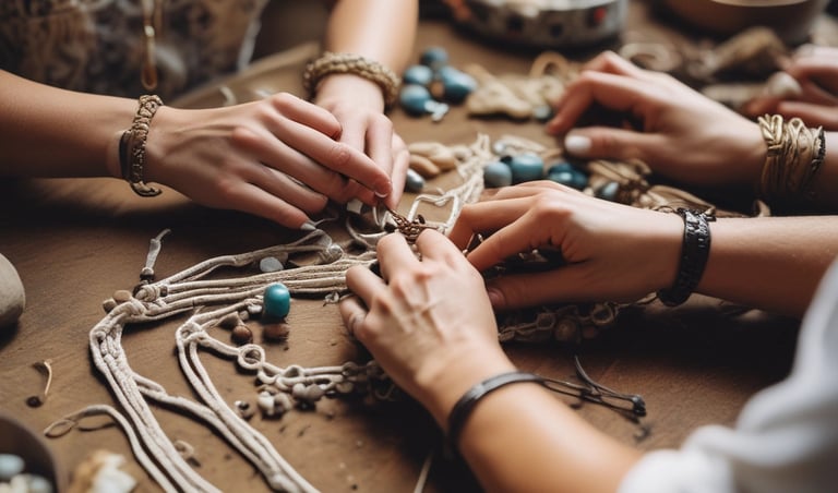 Artesanos elaborando joyería de macramé hecha a mano con cuentas y cordón en una mesa de taller