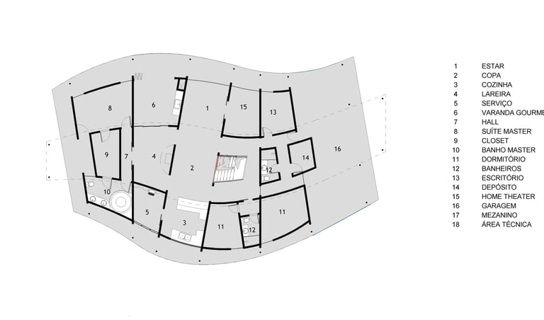 Planta do térreo de uma casa sustentável de tijolos ecológicos, telhado verde e reuso de água