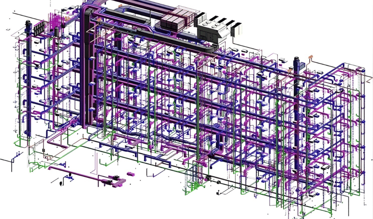 Complex 3D BIM model showing color-coded MEP systems and piping for building design coordination.