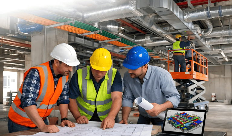Construction engineers in hard hats reviewing architectural blueprints and BIM software on a laptop at a job site.