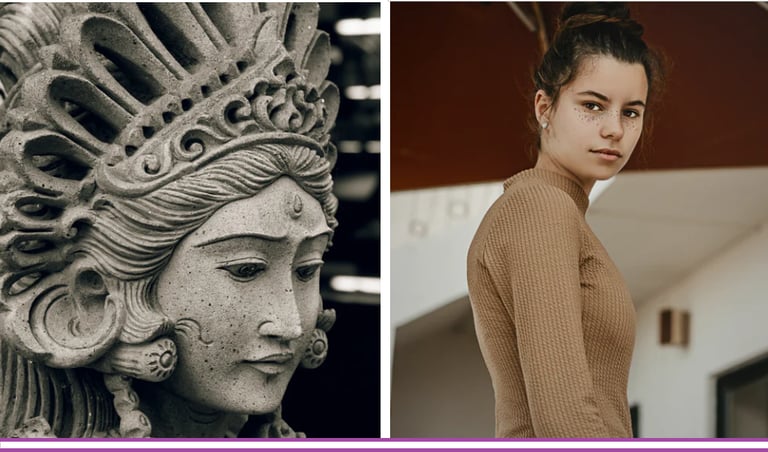 staue of tempal and side picture of girl look as she was the model for it