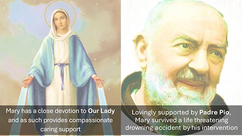 Image of Our Lady and Padre Pio with wording associating with psychic readings by Mary Madigan