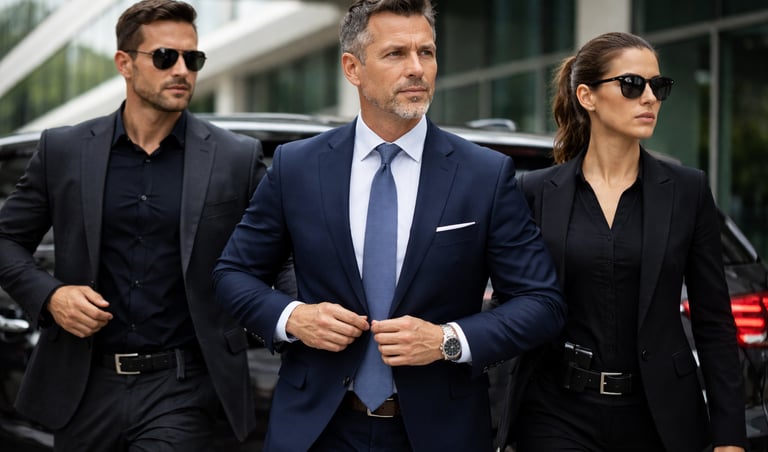 A businessman in a blue suit walks with male and female private security bodyguards in sunglasses.
