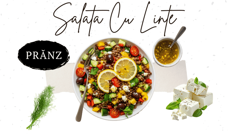 Salată cu linte, legume și dressing de lămâie cu ulei de măsline