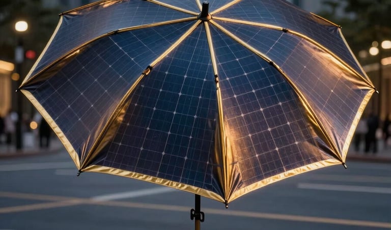 Professional outdoor photograph of a high-tech solar-powered umbrella with metallic gold trim, illuminating a modern street corner at dusk.