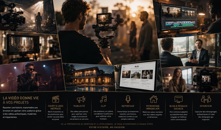 Evènements, film, pub, immobilier, cet image représente mes prestations vidéos.