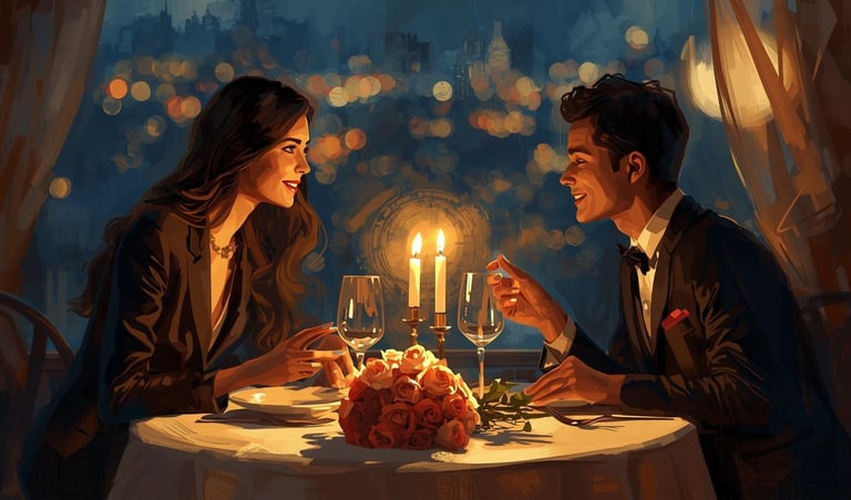 a man and woman sitting at a table with candles
