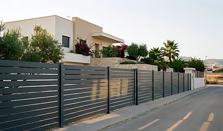 Valla metálica moderna de lamas horizontales instalada en chalet residencial en Murcia