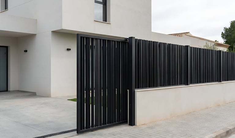 Cerramiento metálico minimalista integrado en la arquitectura de una vivienda moderna