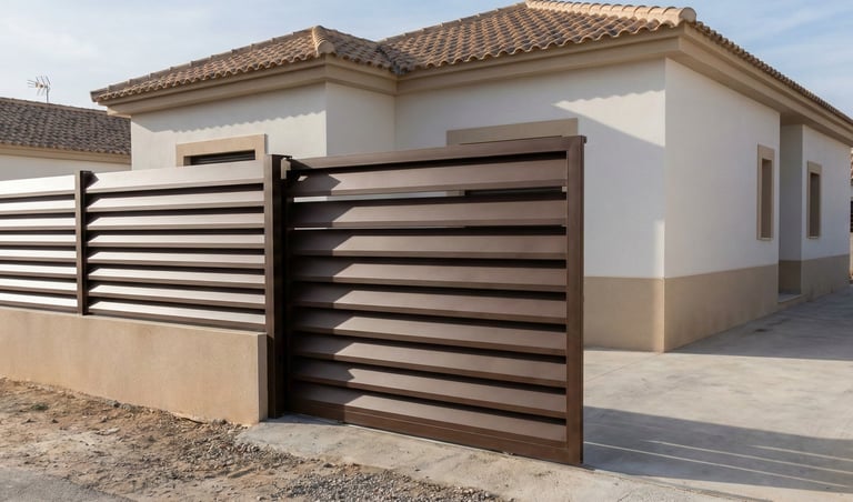 Cerramiento metálico premium de lamas horizontales plegadas en chalet de estilo mediterráneo