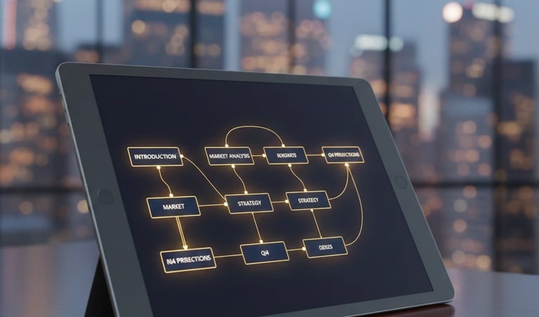 A professional digital display showing a structured sequence of pitch deck slides, symbolizing a ven