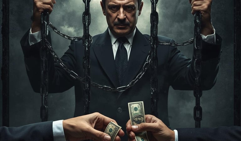 A businessman behind metal chains looking at hands exchanging money, symbolizing corruption and white-collar crime.