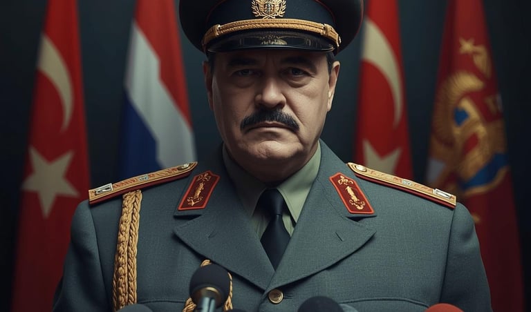 Military officer in formal uniform with gold epaulettes giving a press conference speech.