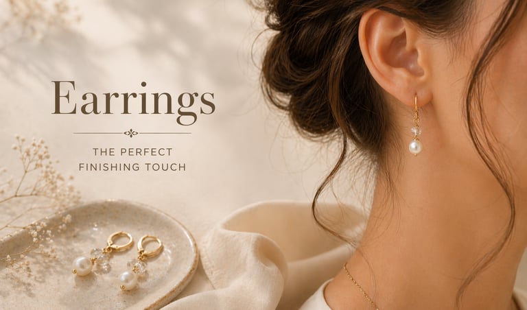 Elegant gold drop earrings with white pearls and crystals worn by a woman with a bridal updo.