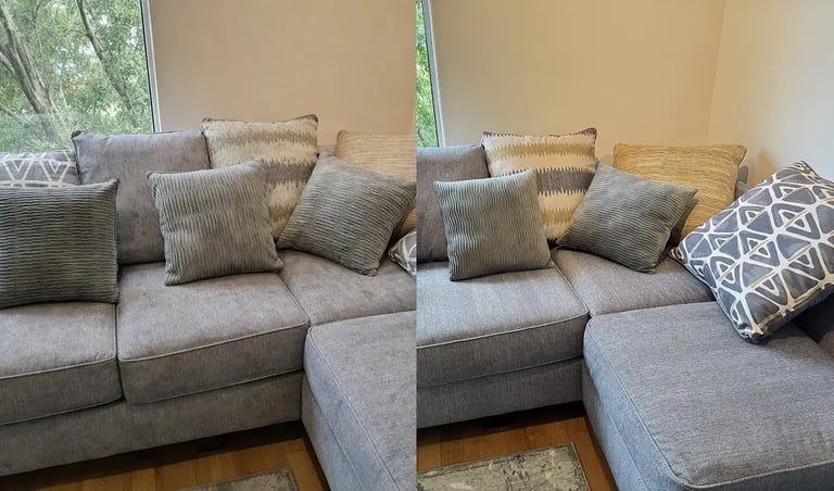 Couch before and after deep steam cleaning in a Denver home