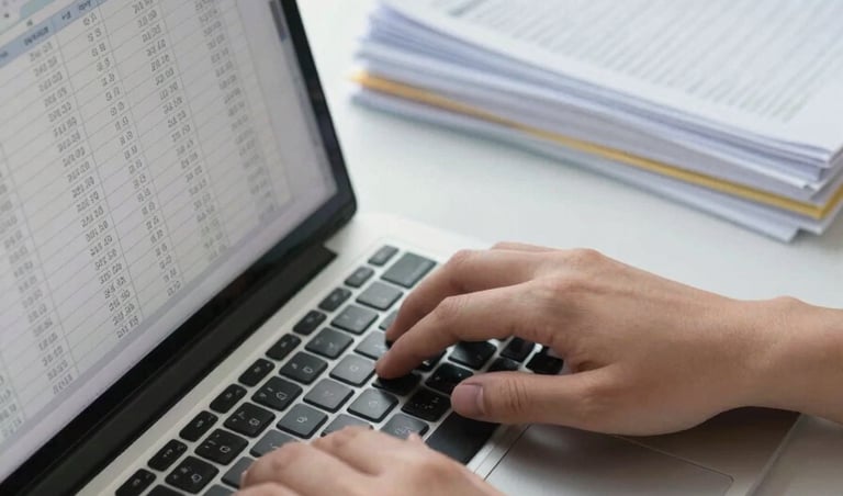 Close-up of hands typing on a laptop keyboard, financial spreadsheet visible on screen, organized documents stacked neatly beside the desk, bright clinical daylight from a side office window, minimal clutter, overhead angle slightly off-center