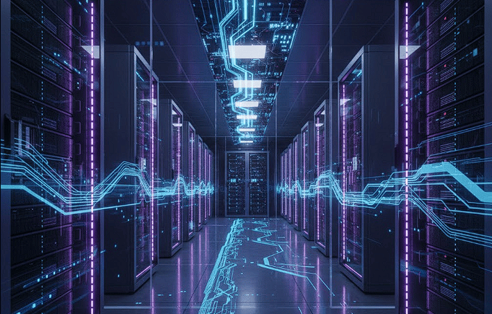 A visually stunning, futuristic server room filled with glowing racks of AI servers. Holographic dat