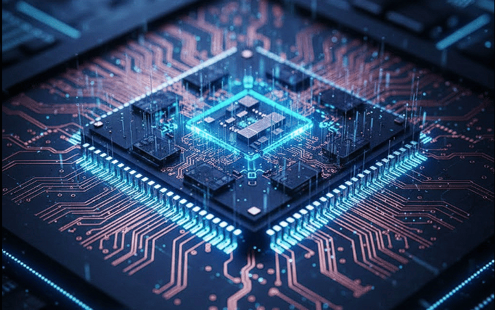 A close-up, intricate shot of a modern semiconductor chip (GPU) with glowing circuitry. Macro photog