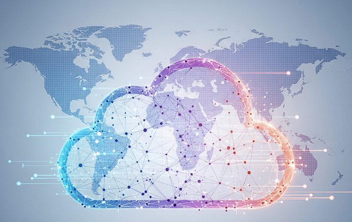 An abstract digital rendering representing "cloud computing," with interconnected nodes and data flo