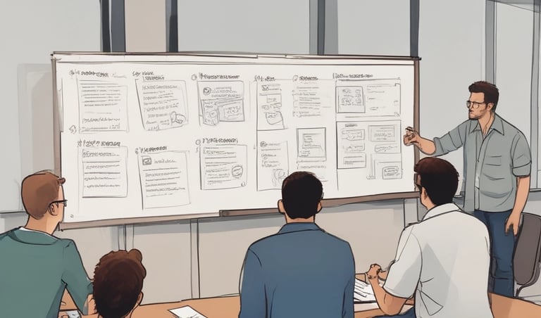 A modern workspace with a focus on technology. In the foreground, there is a black laptop with a distinctive logo placed on a table beside a smartphone propped on a stand. A man is sitting in the background, also using a similar laptop. The setting is minimalistic with a combination of white furniture and a textured brick wall.