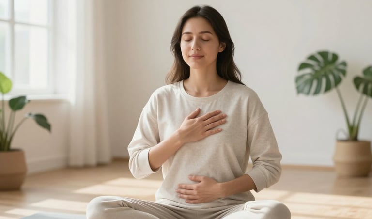 Woman practicing body scan meditation with hands on heart and belly
