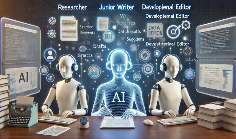 Multiple AI agents collaborating as researcher, junior writer, and developmental editor