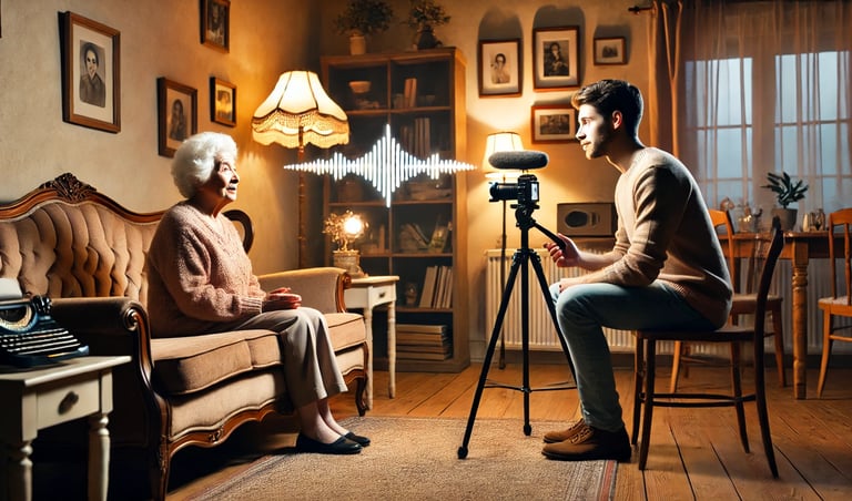 biographer using a video camera and AI Transcription to capture and stories from grandmother