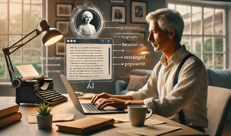 Biographer using AI writing tools on his laptop