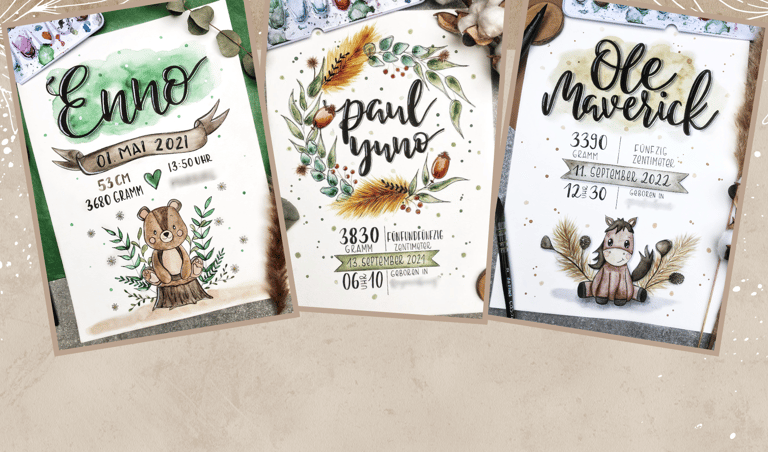 Geburtsbilder, Aquarellmalerei, Handlettering, individuelle Auftragsarbeit, Geschenk zur Geburt