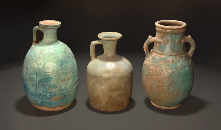 3D image of three weathered Parthian vases, side by side with a black background