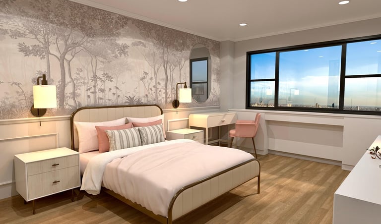 Photorealistic 3D interior render for bedroom with elegant furniture, warm lighting-by SketchyCAD