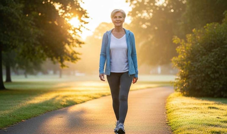 Mulher de cerca de 60 anos caminhando em um parque pela manhã, luz dourada do nascer do sol, expressão serena.