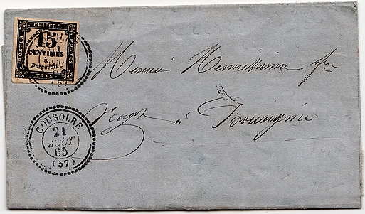 1865: Brief mit Nachporto von COUSOLRE nach BOUSIGNIES.