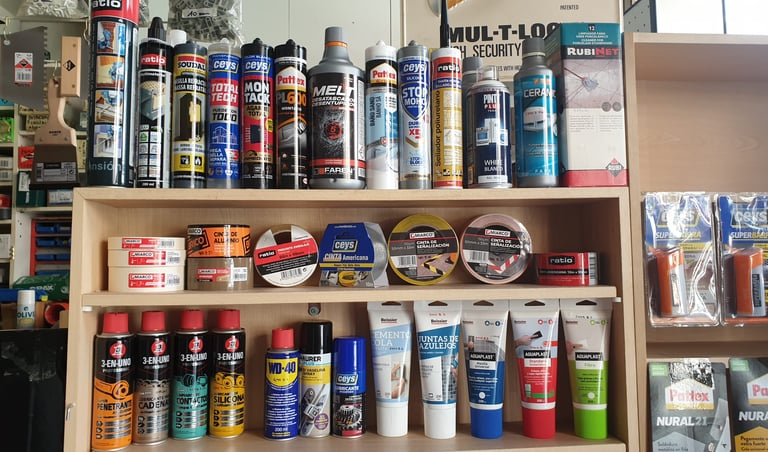 espuma poliuretano, taco quimico, adhesivo de montaje, lubricantes, cintas multiusos