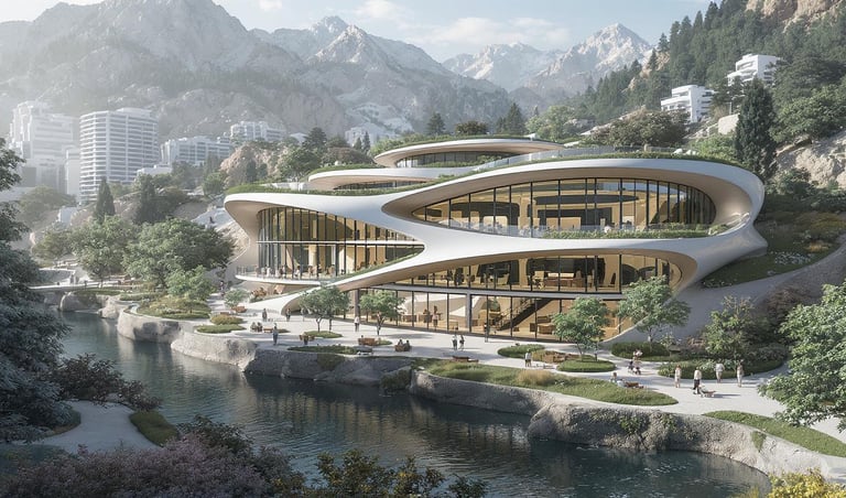 Edificio futurista y sofisticado, representando los Centros Comunitarios del Proyecto Reintegración.