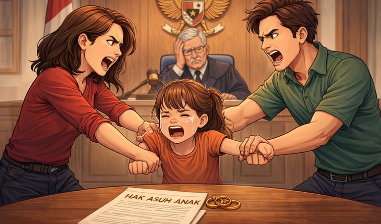 Couple arguing over child custody in an Indonesian courtroom with a crying girl and a frustrated judge.