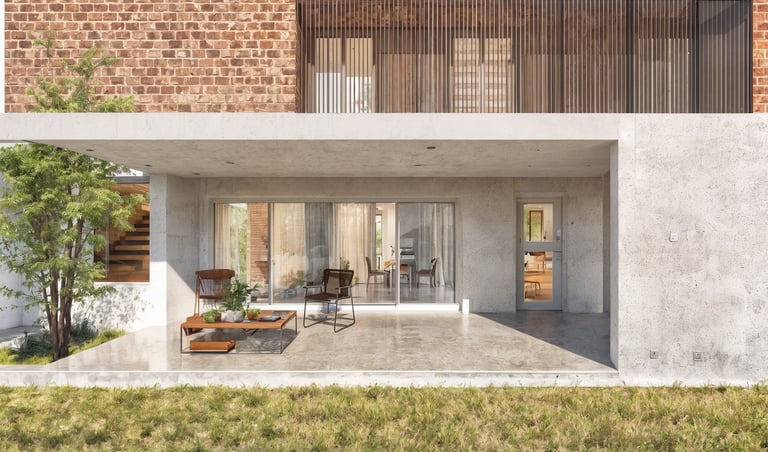 Galería y patio de una casa minimalista, con un gran ventanal abierta. planta alta contraste ladrillos. casa en tres gracias.