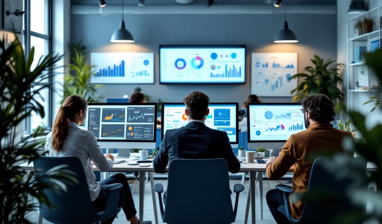 Équipe d’une PME travaillant dans un bureau moderne avec des écrans affichant des tableaux de bord ERP et CRM, préparant les 