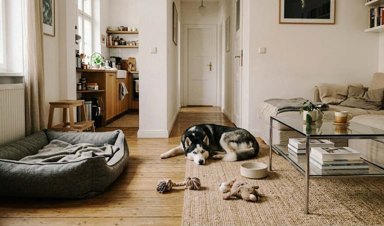 A dog lying on the floor in a small living room with toys and a pet bed, creating a lived-in home environment