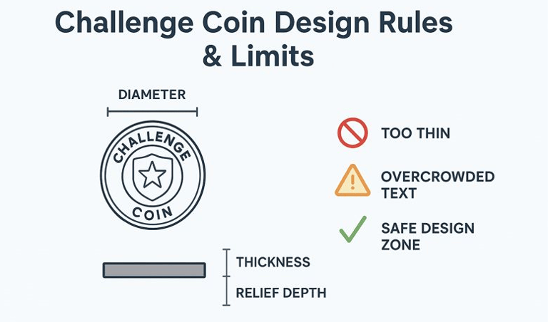 Challenge coin design rules showing diameter, thickness, relief depth, and safe design limits