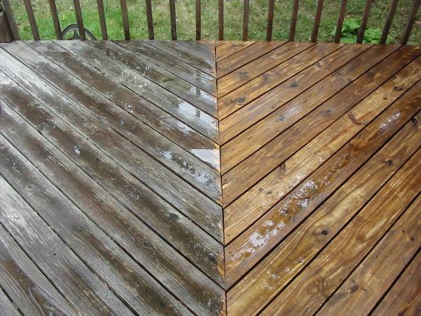 Before and after power washing a wooden deck.